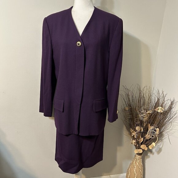 Vtg Kasper For ASL 2pc Skirt Suit Purple Long Sleeve 100% Wool Pleated Lined 14 - Picture 1 of 10